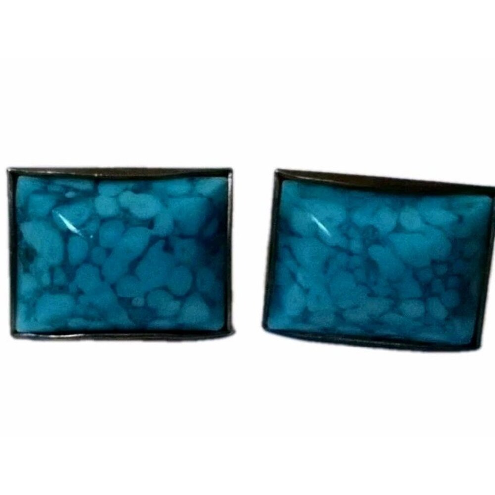 Vintage Men's TURQUOISE Stone Cufflinks Suit Gold Tone Bullet Blue Rectangle Cut